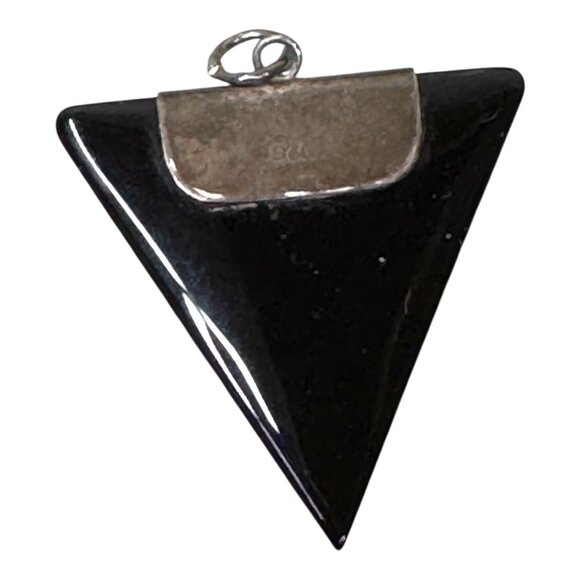 Sterling Silver & Onyx Triangle Pendant Intricate Scrollwork Design Art Deco - Picture 2 of 6
